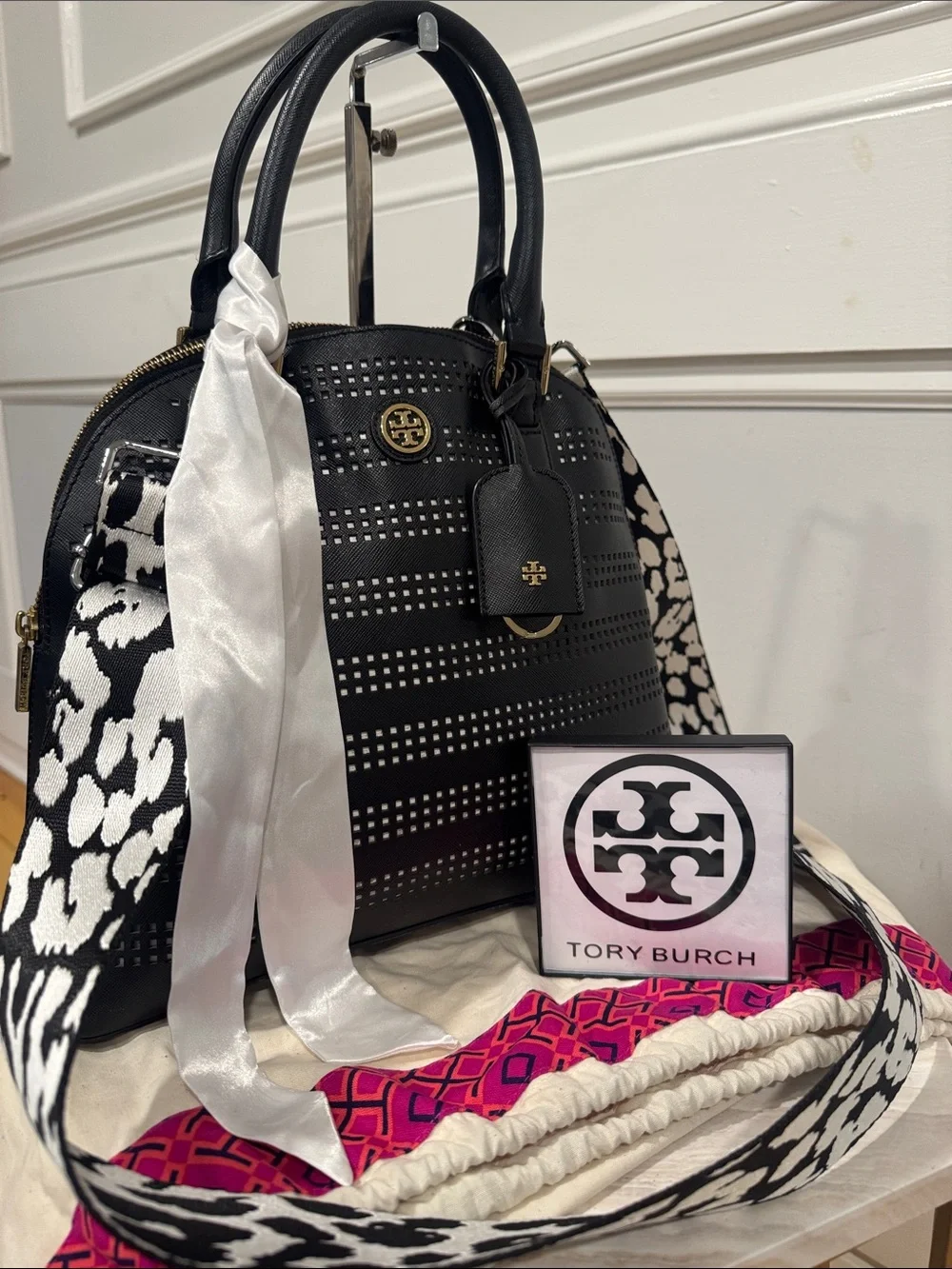 Tory Burch Bag Robinson Black Leather Perforated Dome Top Handle Bag